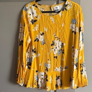 Old Navy Mustard Yellow Floral Pintuck Long-Sleeve Blouse